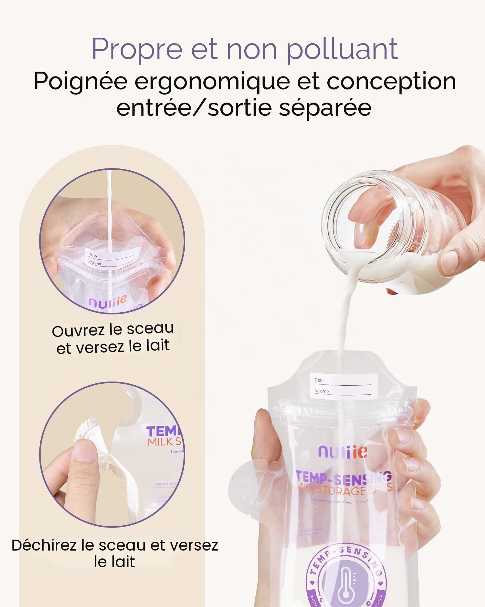 Nuliie Lot de 120 sacs de rangement pour lait maternel à détection de température, grande icône de détection de température et pince de verrouillage, sacs de stockage de lait maternel de 170,1 g avec