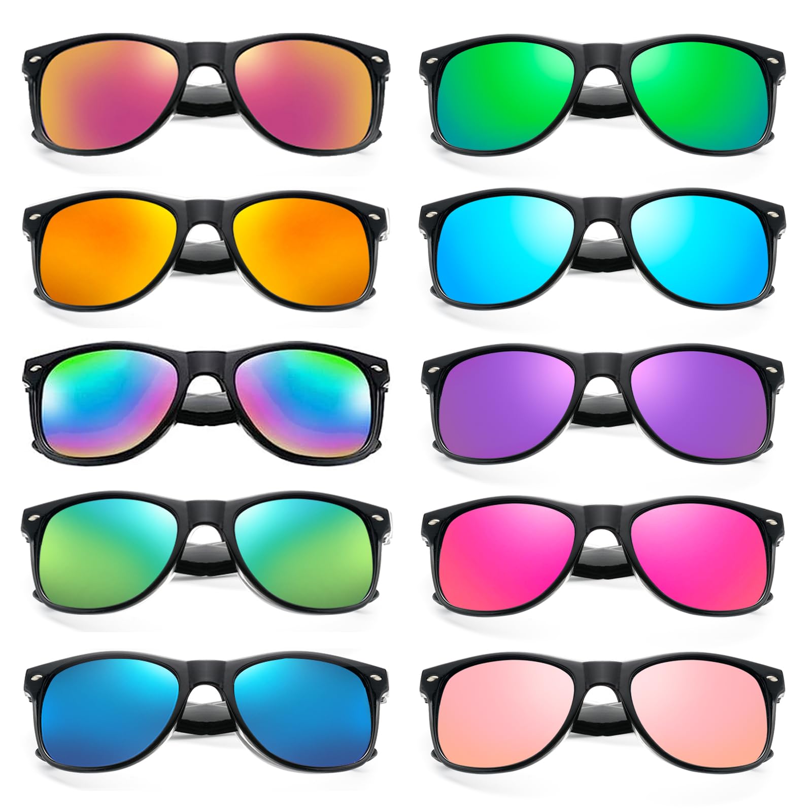 SUNOVELTIES 10 sztuk kolorowych okularów przeciwsłonecznych czarna oprawka lustrzane soczewki luzem okulary imprezowe klasyczne okulary urodzinowe plaża basen unisex dorośli