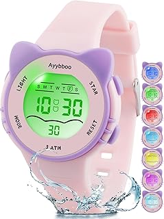 Kinderuhr Mädchen Jungen,7 Farblichter Armbanduhr Kinder mit Katzenmotiv,3 ATM Wasserdicht Digitaluhr Kinder für 4-12 Jahre Weihnachten Einschulung Geschenke