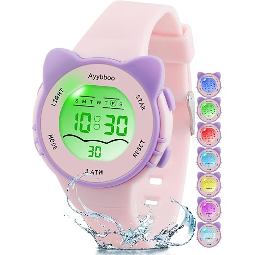 Kids Digital Analog Watches for Girls Boys, 7 Color Lights Waterproof Cute Wristwatches for Kids with Alarm Stopwatch, Great Present for Girls Boys Ages 5-13