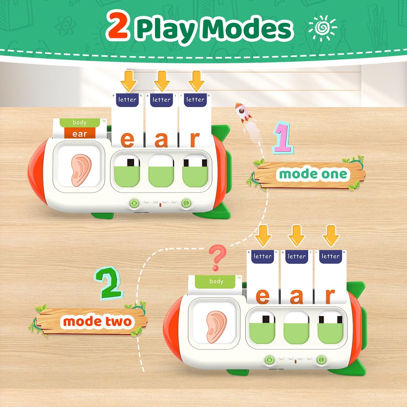 Ilustración de dos modos de juego para QuTZ Talking Flash Cards, que muestra cómo insertar tarjetas para hacer coincidir letras y practicar imágenes.