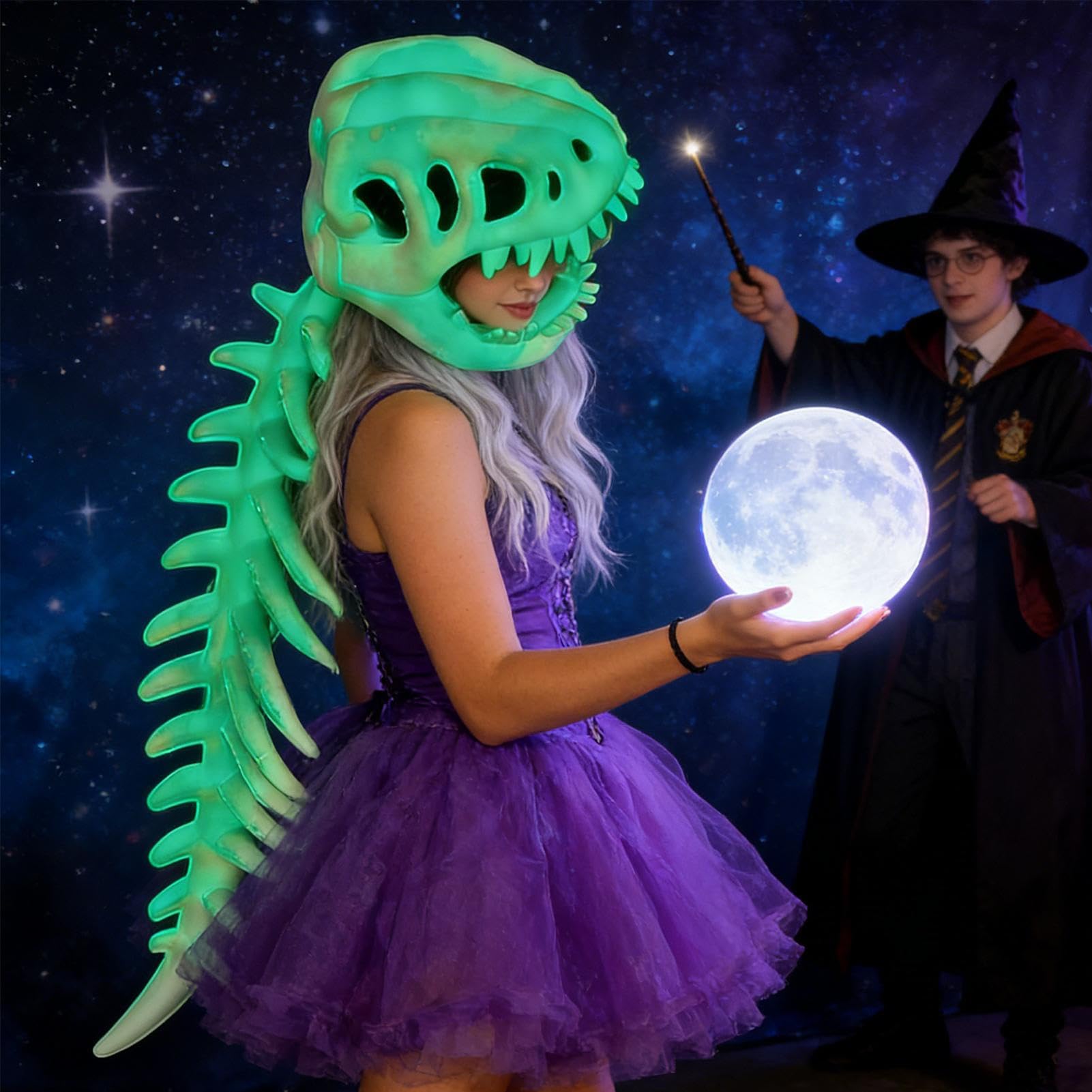 Kostium Szkieletu Dinozaura Świeci w Ciemności Ubrania do Przebrania | Halloweenowe Stroje Szkielet Dla Dorosłych na Przedstawienia Tematyczne Konwenty i Koncerty