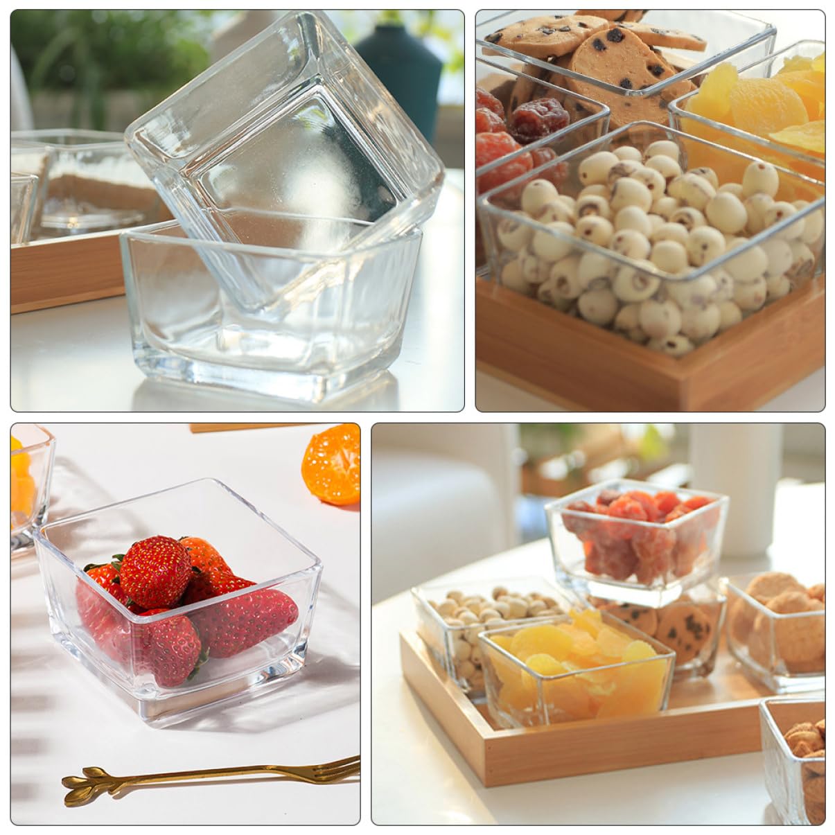 Hemobllo Plateaux En Verre Divisés 4 Compartiments 28 Cm Support Bois Naturel Service Fruits Secs Noix Apéritif Maison Restaurant Fête