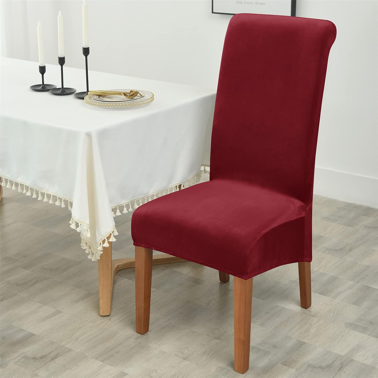 FXBZA Stretch Dining Chair Covers Velvet, Large Size Chair Slipcovers High Back Removable Chair Seat Protector Covers for Dining Room (Set of 6,Burgundy)
