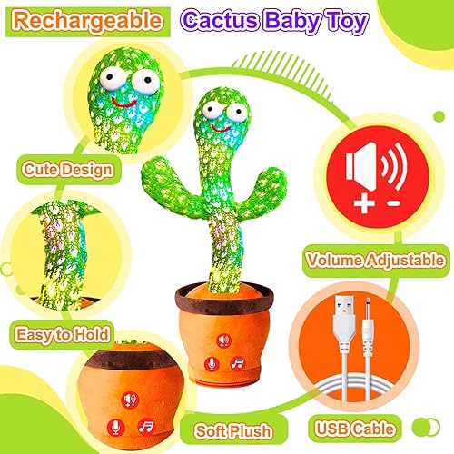 Miniatura 8 de Juguete recargable de cactus parlante bailarín para bebé, volumen ajustable, canto, imitación, repetición, juguetes de bebé para niñas y niños,