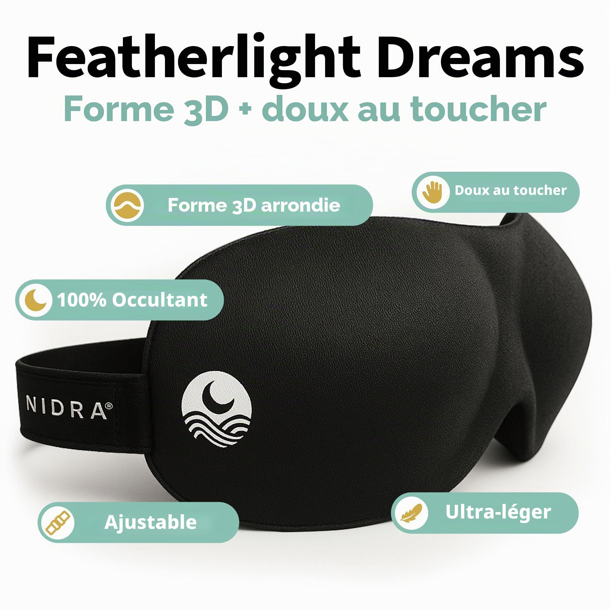 Nidra - Masque de sommeil breveté qualité supérieure avec forme profilée Ultra léger et confortable Sangle tête réglable pour s'adapter à toutes les s Dormez n'importe où, quand Idéal hommes femmes