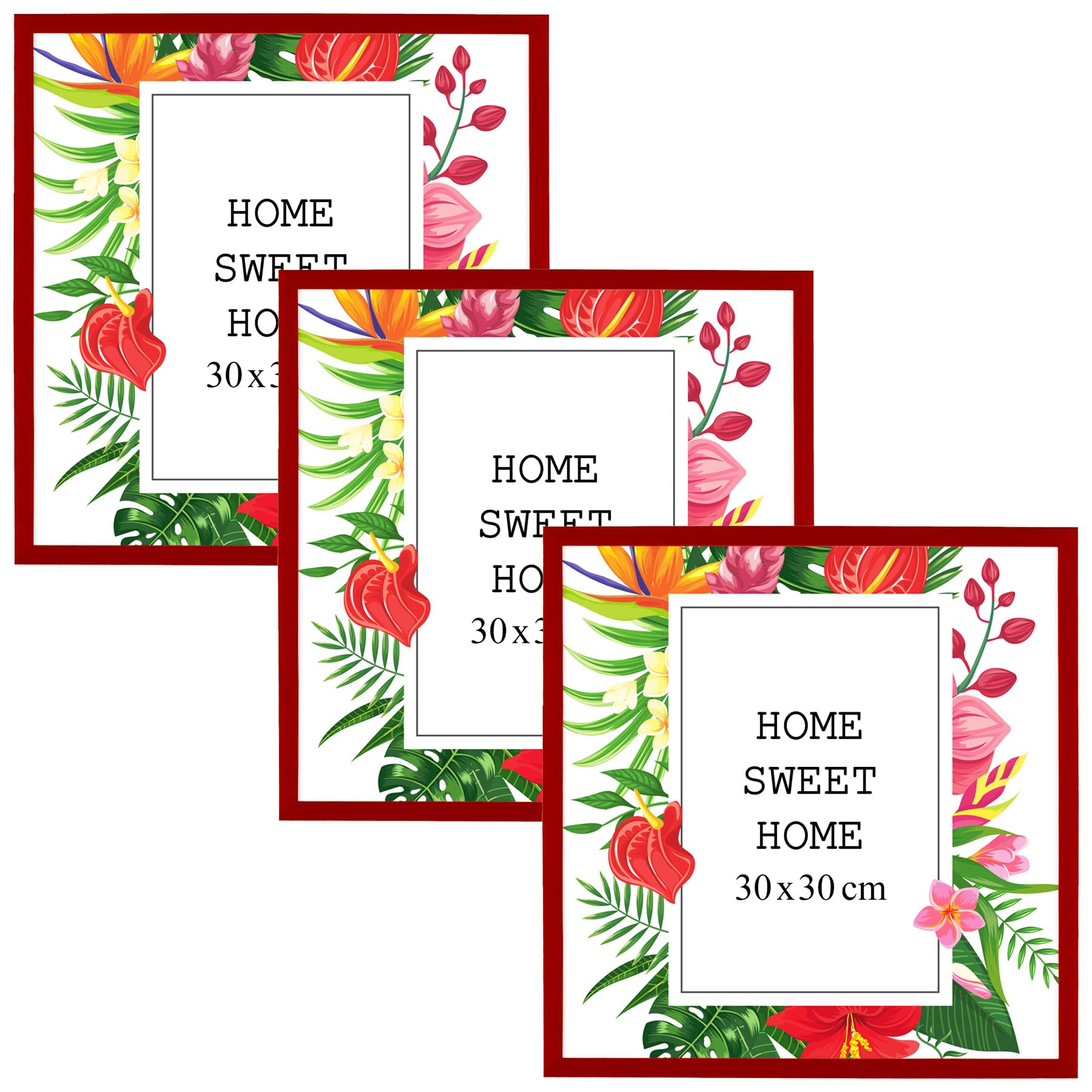 Mg Design Red Set Of 3 Wooden Picture Frame 12X12 Inch (30X30 Cm), Real Wood Frame With Acrylic Glass, Vertical & Horizontal Hanging – For Photos, Posters, Certificates, Puzzles