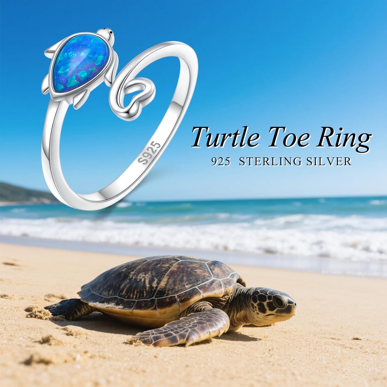 FLYOW 925 Sterling Silver Blue Opal Sea Turtle Toe Rings for Women Turtle Jewelry Adjustable Size - Image 2