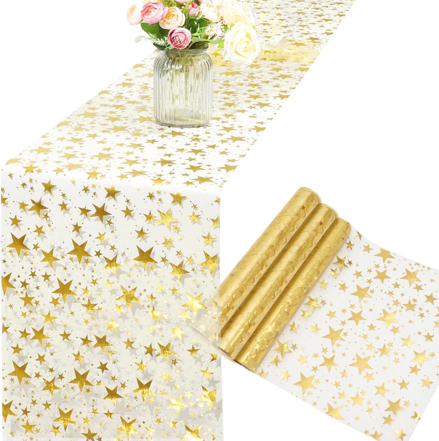 RUDONG M 3 Rolls Glitter Table Runner, 11" x 108" Gold Star Table Runner, Sparkle Metallic Mesh Party Decor for Wedding, Baby Shower, Birthday & Christmas
