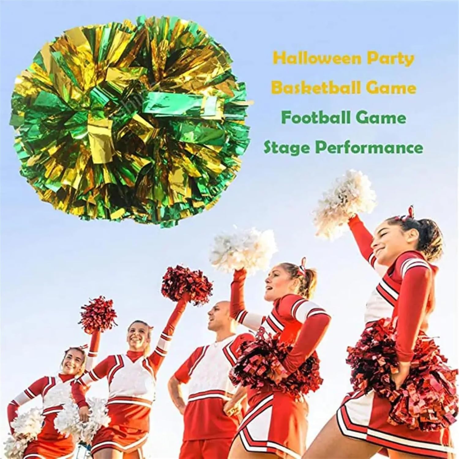 Dance Cheerleading Pompoms, Cheerleading Pom Poms with Metallic Flower Shape and Long Handle Multicolor Pack of 2 35cm