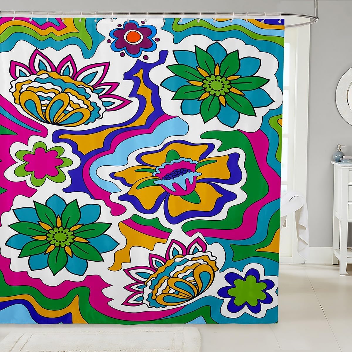 Erosebridal Kids Retro 60S Floral Bathroom Curtain 72" Wx78 L,Kawaii Groovy Flower Power Shower Curtain for Teen Girls Room Cute Vintage Boho 70S Flowers Bath Curtain Colorful Blossom Curtain Sets