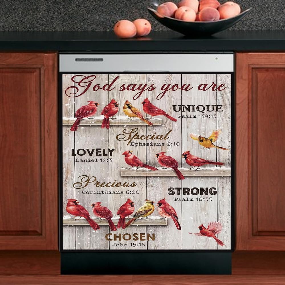 Cardinal Bird Dishwasher Magnet,Meryy Christmas Refrigerator Sticker,Red Plaid Dishwasher Magnetic Decal Kitchen Decor,Happy Holiday Home Appliance Vinyl Sticker 23"x17"