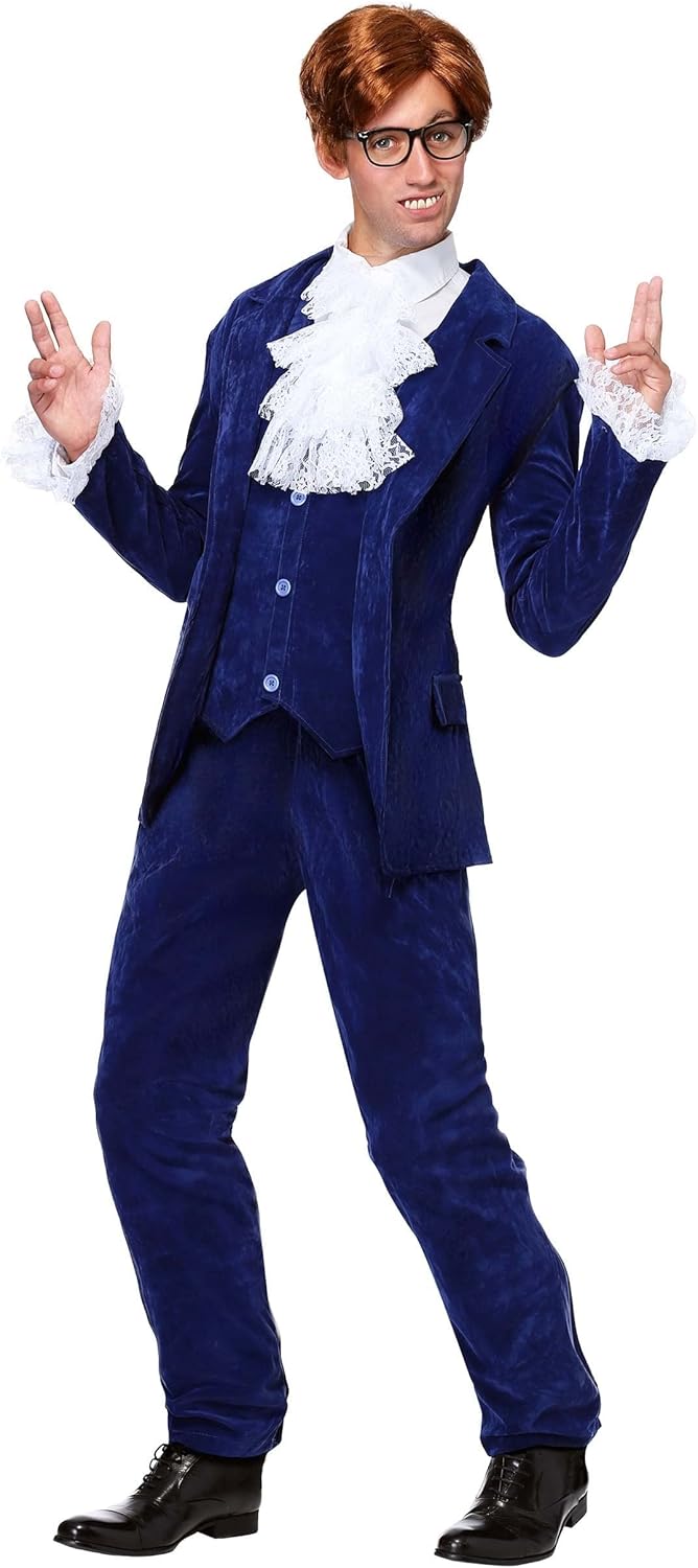Mens 60's Spy Swinger Deluxe Halloween Costume | Adult Shagadelic Outfit with Navy Blue Velvet with Lace Cuffs, Vest, & Pants