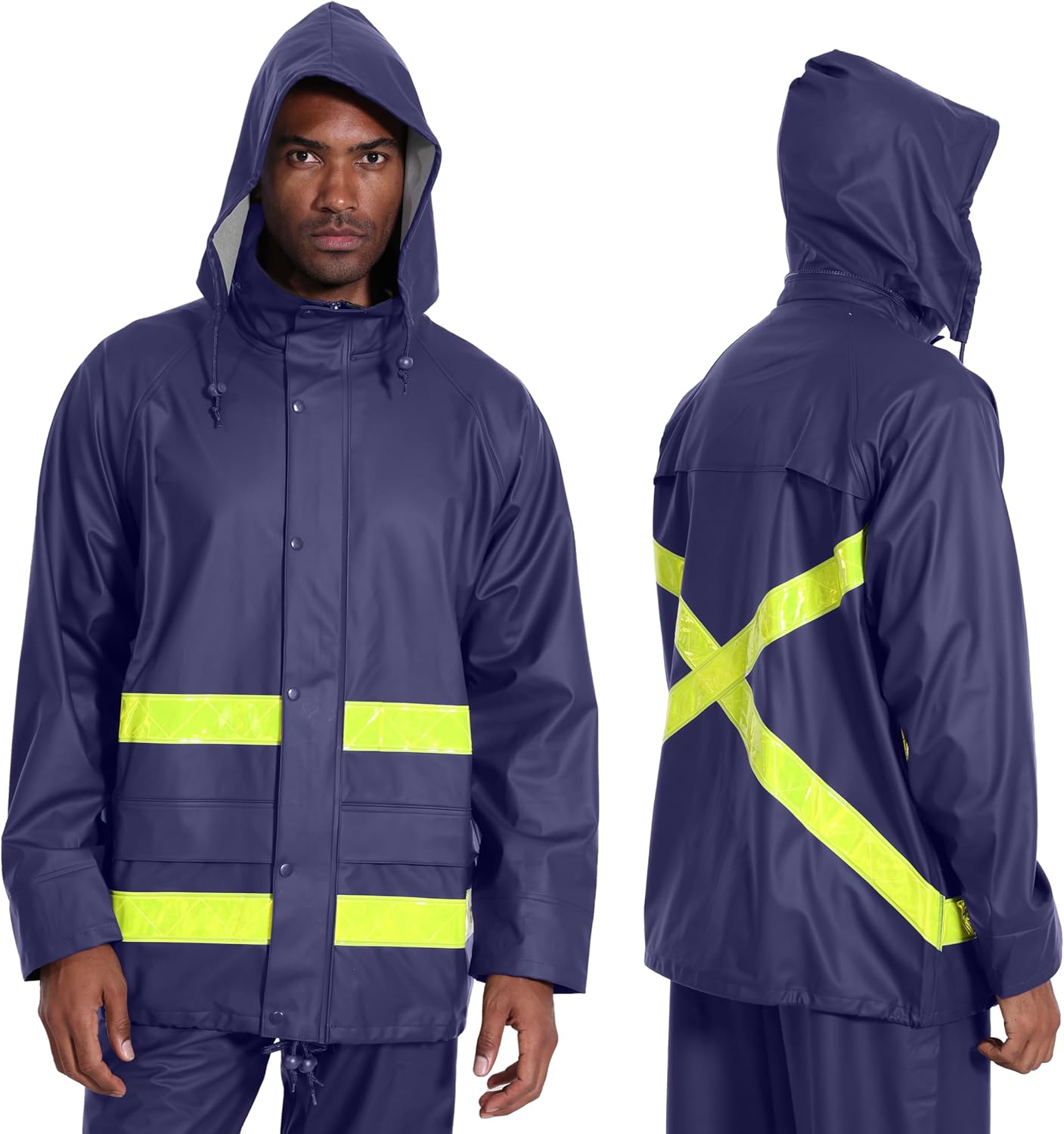 Hi-Vis Rain Jacket for Men – Waterproof Work Safety Coat with Reflective Strips, EN 343 Certified, Durable PU(Blue,M)