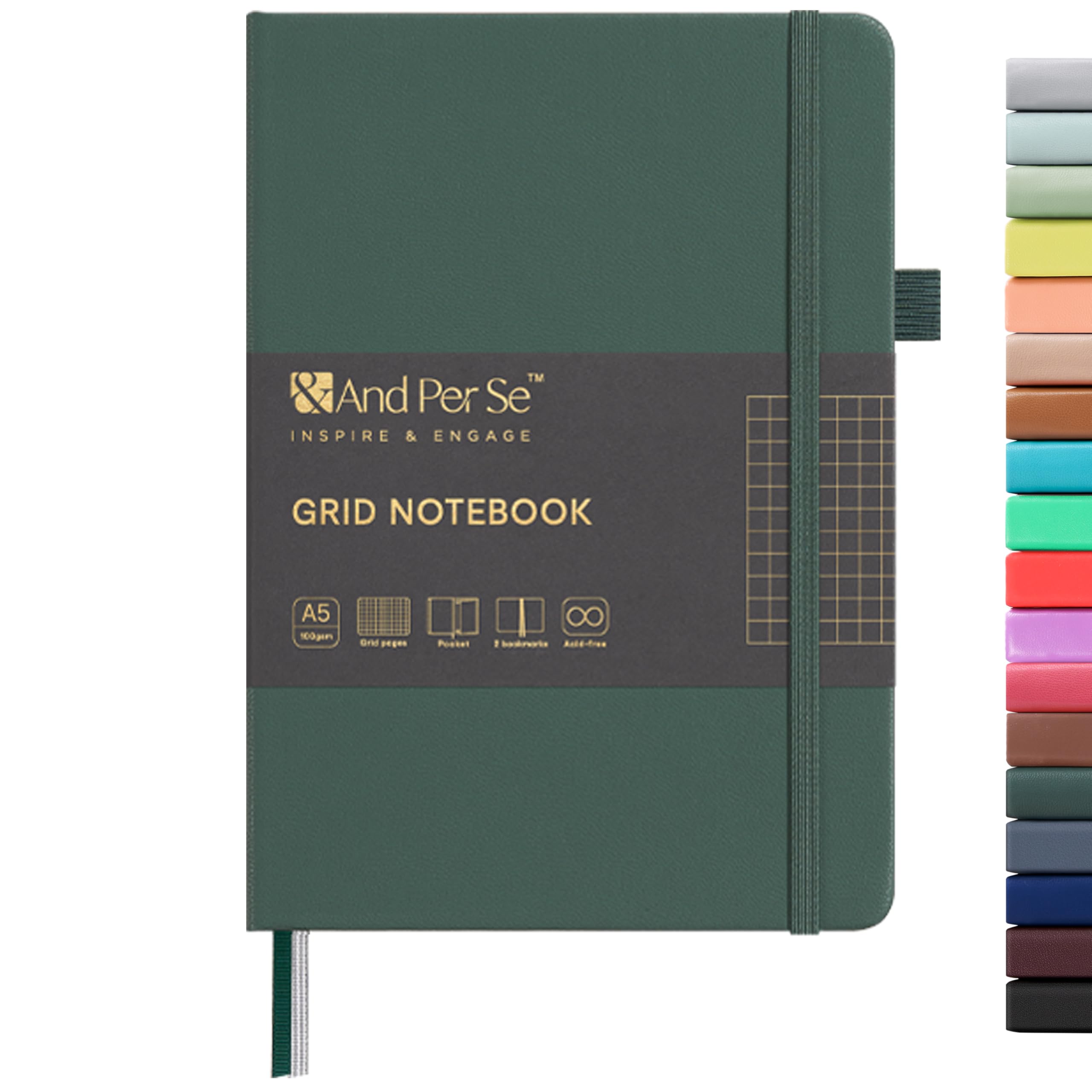 &And Per Se Graph Notebook, 5mm Grid, A5 Hardcover, 160 Pages 100gsm Thick Paper, Grid Journal for Diagrams, Wireframes, CAD Sketches (Green) — image 1