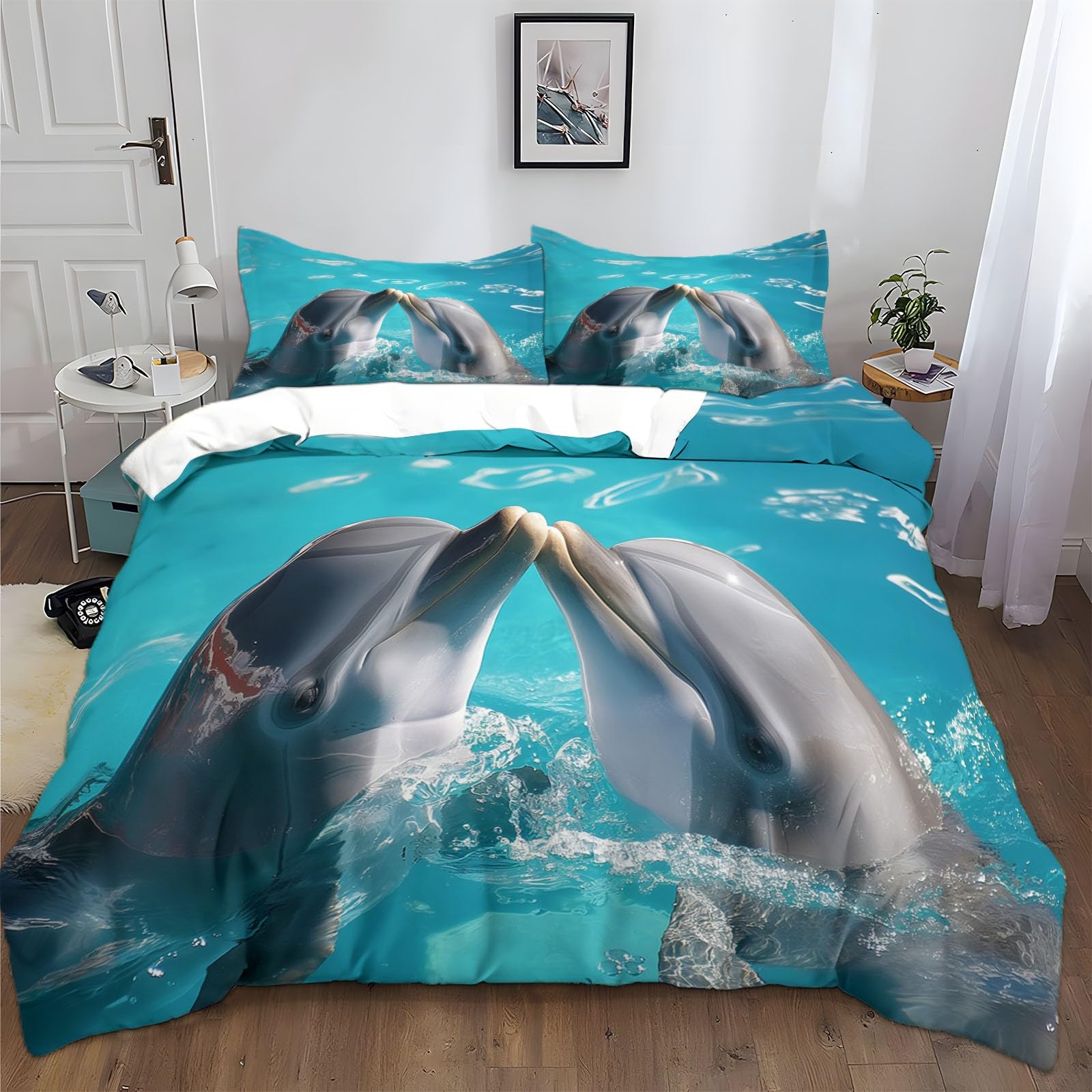 Housse de couette 140 x 200 cm dauphin en microfibre anti-plis pour lit enfant 1 personne