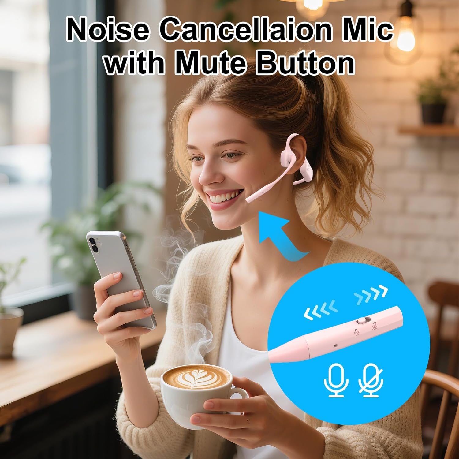 Open Ear Bluetooth Headphones with Microphone, Noise Cancelling Wireless Headset with Mute Button, Supports aptX/aptX-LL/aptX-HD, Designed for Meeting, Home Office,Driving -Not Bone Conduction (Pink)