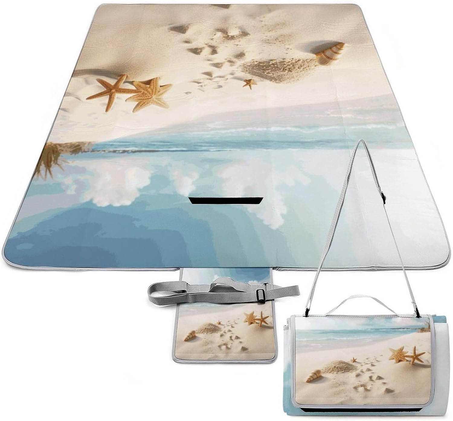 Beach Theme Waterproof Picnic Blanket 58.3''x58.3'',Portable and Foldable Picnic Mat with Handle,Outdoor Blankets for Lawn Park Beach Travel
