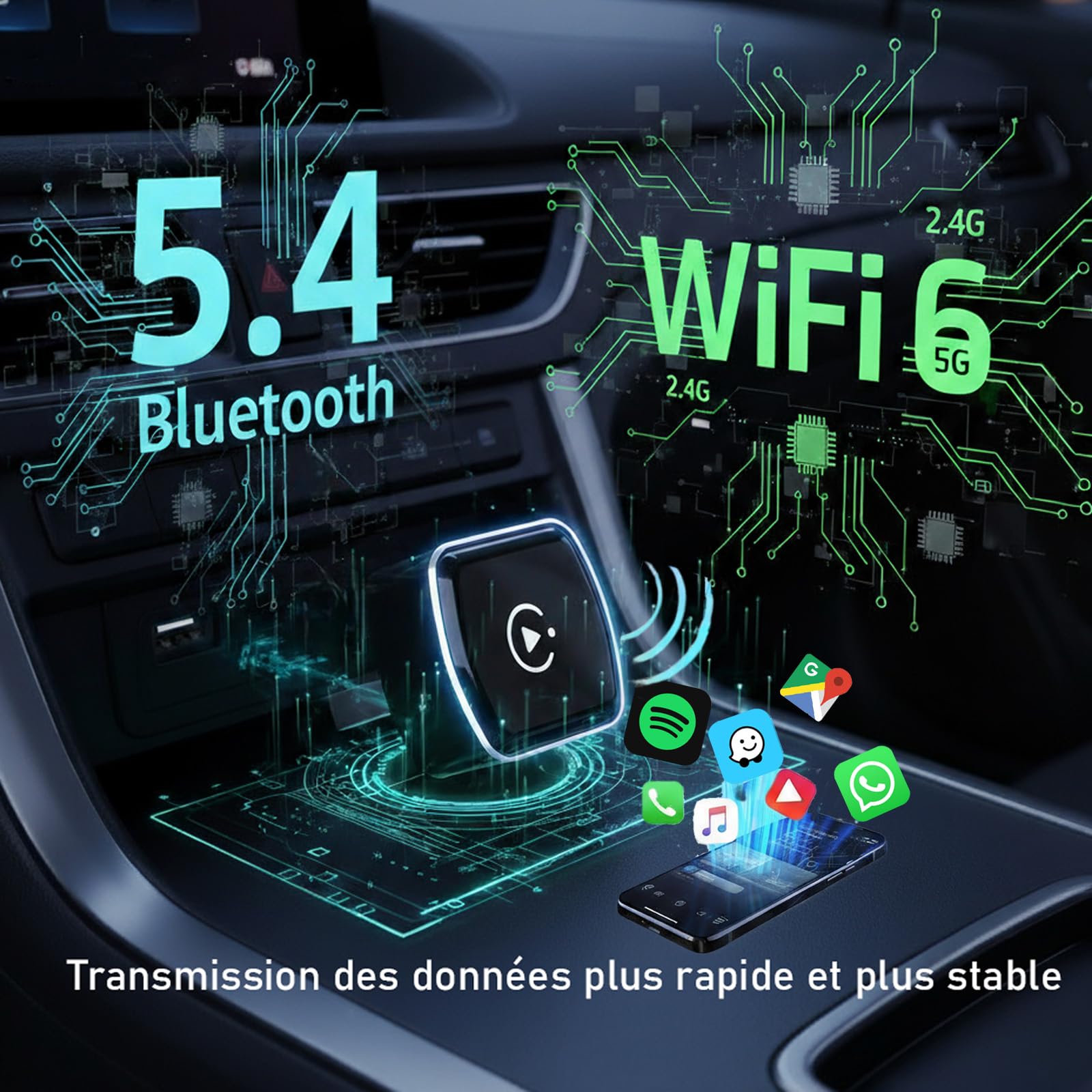 Adaptateur CarPlay & Android Auto Sans Fil - WiFi 6 & Bluetooth 5.4 - Connexion Ultra-Stable en 10s - Latence Minimale - Plug & Play pour Véhicules 2016+