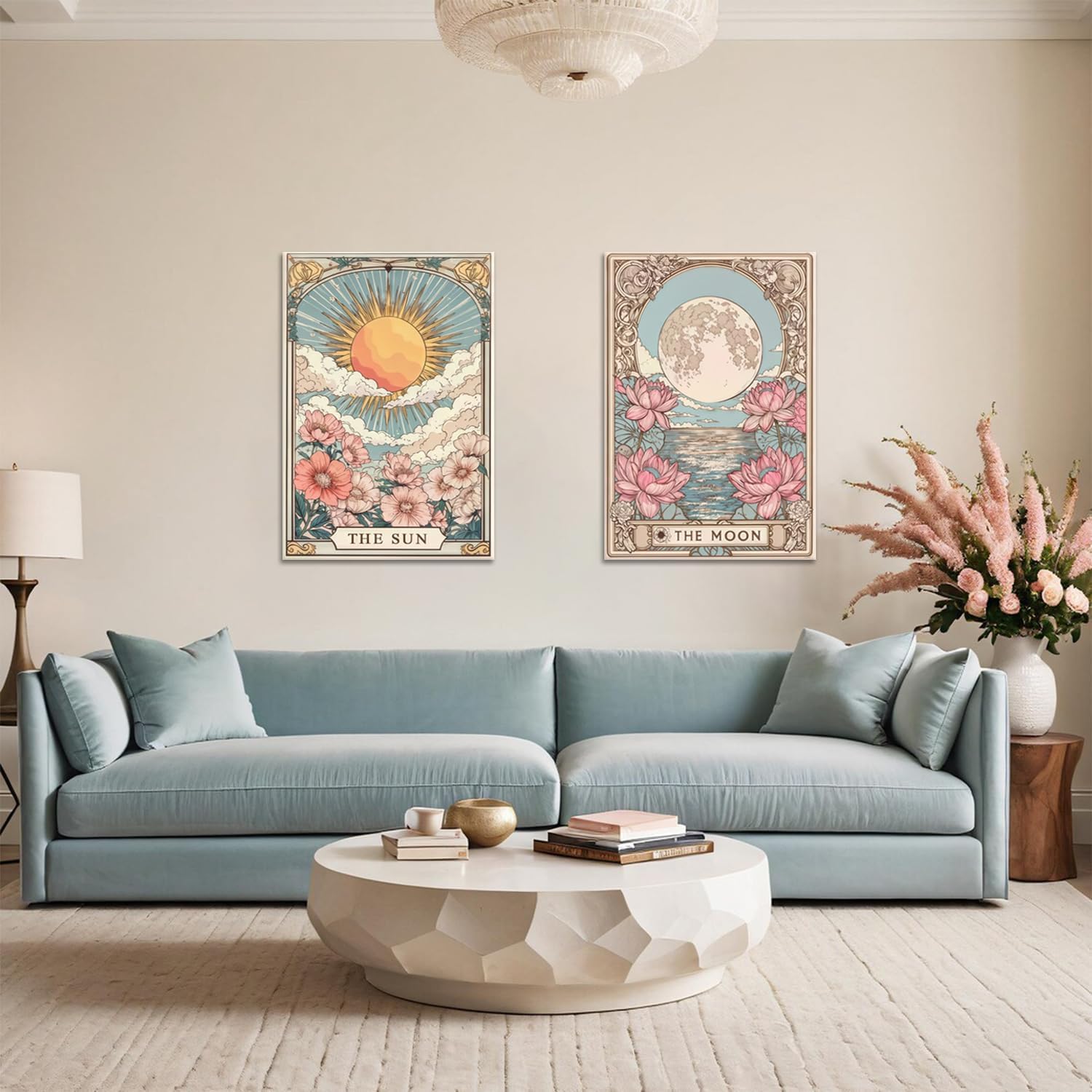 Sun And Moon Wall Art Set of 2 Celestial Vintage Floral Wall Decor Mystical Tarot Astrology Paintings Pictures Bohemian Floral Canvas Posters Prints Artwork for Bedroom Living Room（12x16 in Canvas）