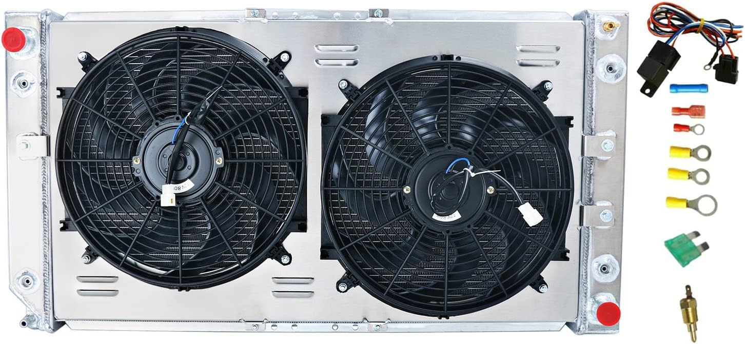 3 Row Aluminum Radiator for 1994-1996 Chevy Caprice Impala Buick Roadmaster Cadillac Fleetwood 5.7 V8, Downflow Radiators Dual Electric Fan Shroud Thermostat Kit Combo 1995