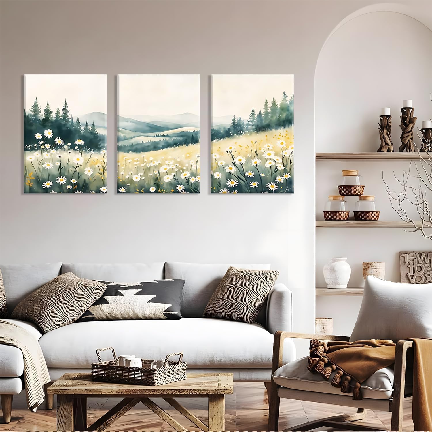 Boho Mountain Flower Wall Art Landscape Green Daisy Canvas Wall Decor Abstract Wildflower Art Prints Farmhouse Flowers artwork Watercolor Floral Painting Picture Nature Poster for Living Room Bedroom Office Ready to Hang 12x16 Inch Framed