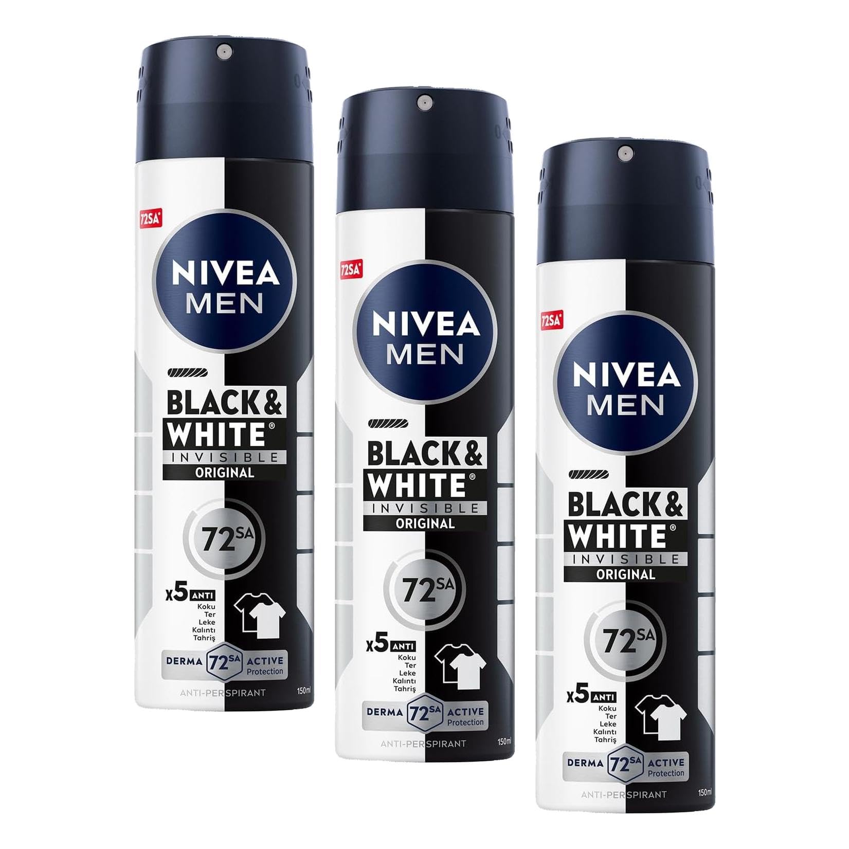NIVEA MEN Erkek Sprey Deodorant Black&White Invisible Original 150 ml,72 Saat Anti-Perspirant Terleme ve Ter Kokusuna Karşı Koruma,Kıyafetlerde Leke Karşıtı,Erkeksi Koku,Etil Alkol İçermez (3 paketi)