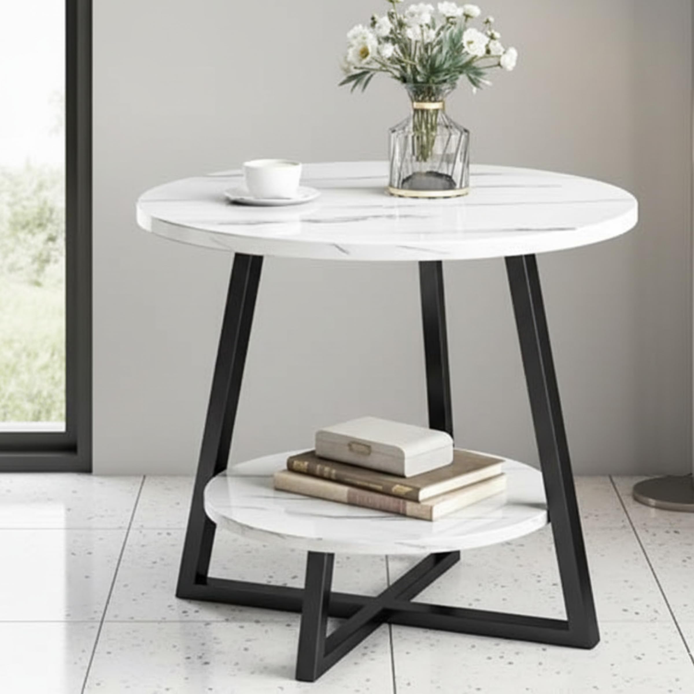 Deep Sleep 2-Layer Round Coffee Table, Modern End Table for Living Room, Double-Deck Side Table with Wood Look Finish & Sturdy Frame, Easy Assembly Accent Furniture (Black&White)