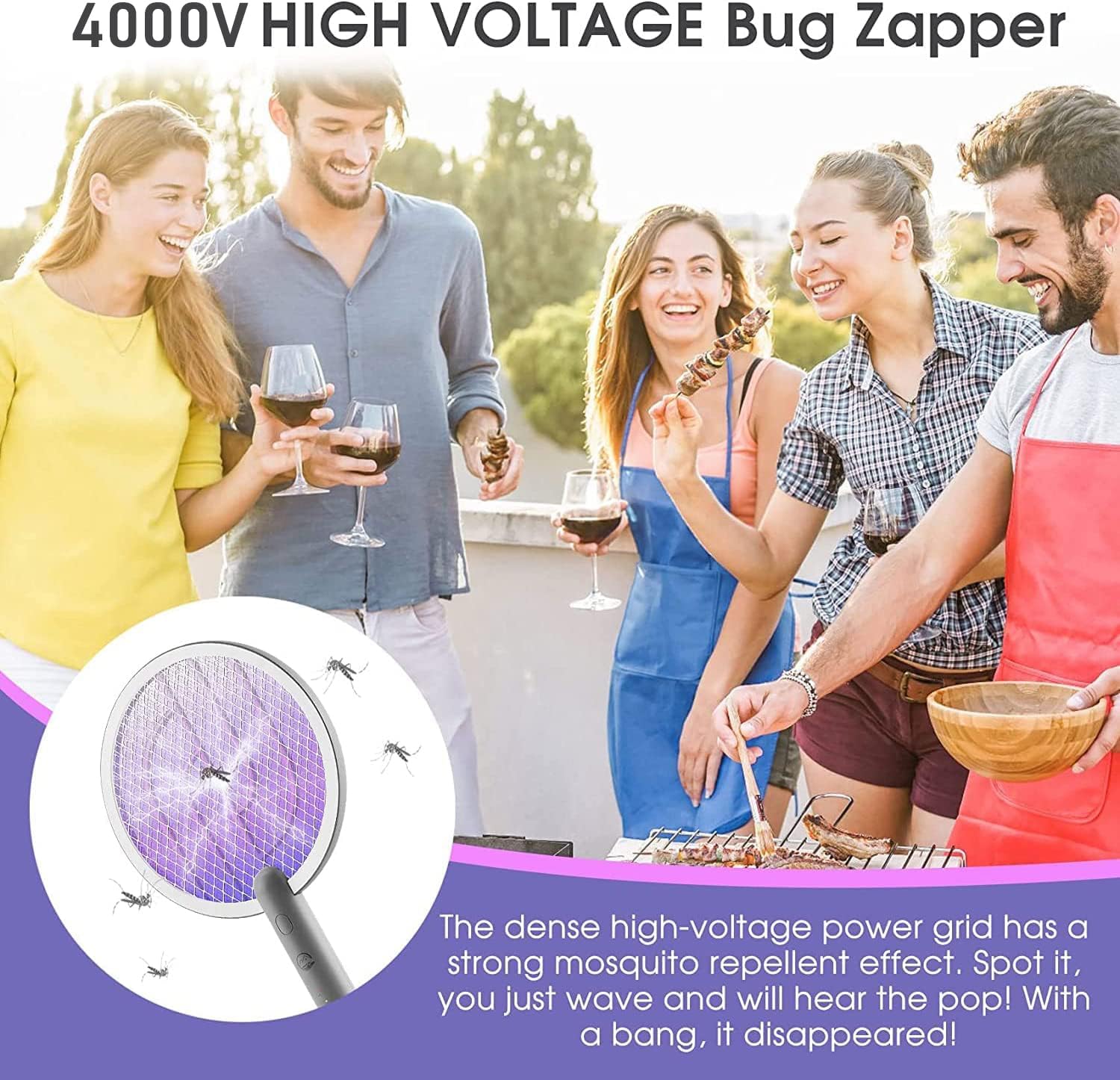 Electric Fly Swatter Racket 1 Pack, Mosiller 2 in 1 Bug Zapper with USB Rechargeable Base, 4000 Volt Indoor Outdoor Mosquito Killer with 3-Layer Safety Mesh for Pest Insect Control & Flying Trap