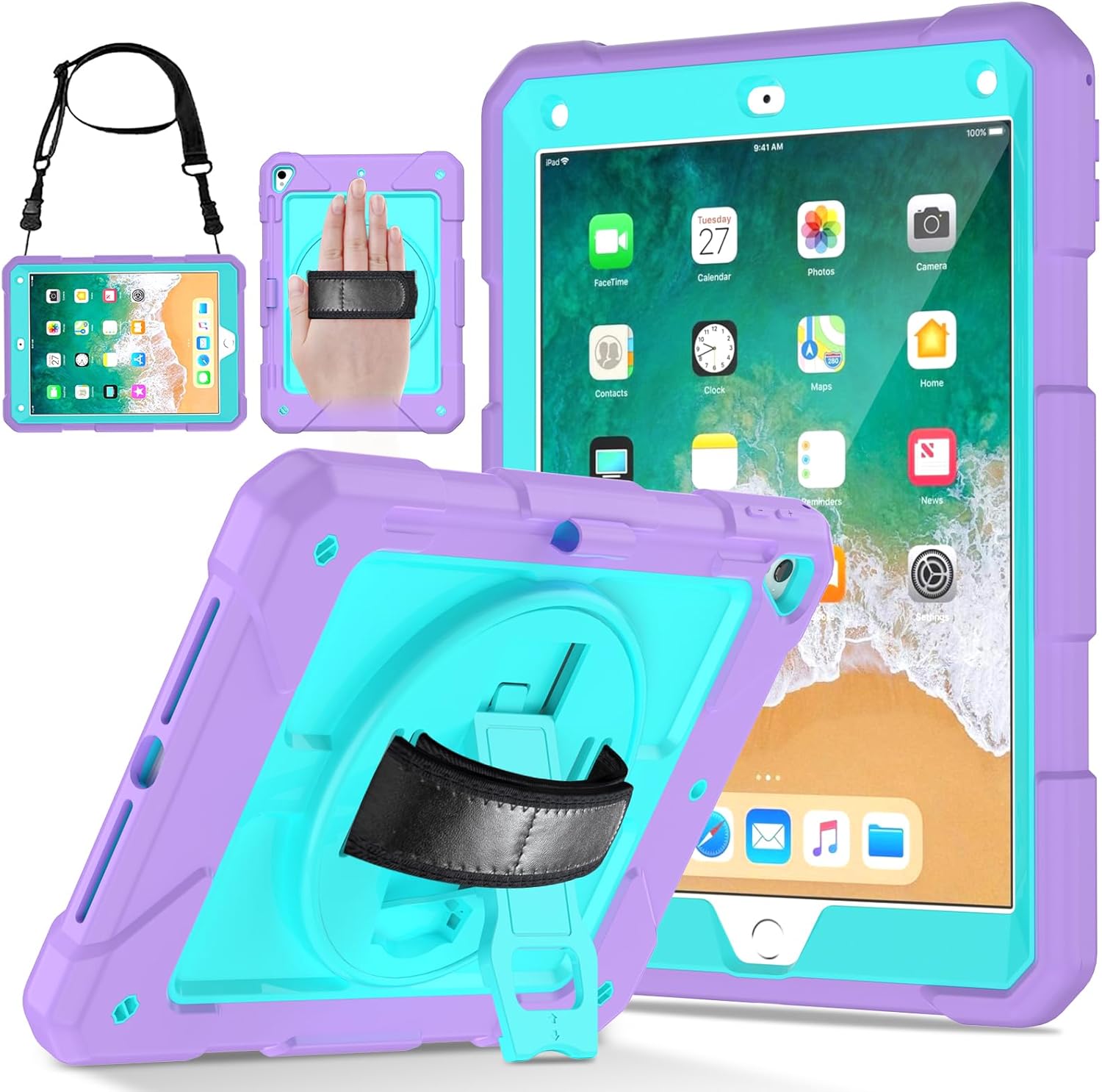 LTROP iPad 6th/5th Generation Case,iPad 9.7 Case,iPad Air 2 Case for Kids,Shockproof [Shoulder Strap][Pencil Holder][Swivel Stand] Cover Case for iPad 9.7 Inch 2018/2017, Teal/Purple