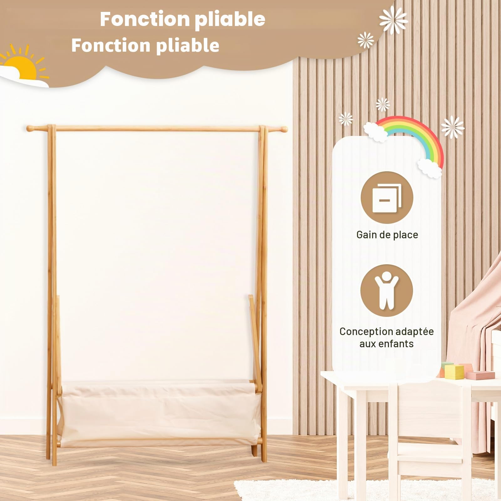 Yorbay Porte-vêtements pour enfants bambou pliable avec boîte de rangement et tringles