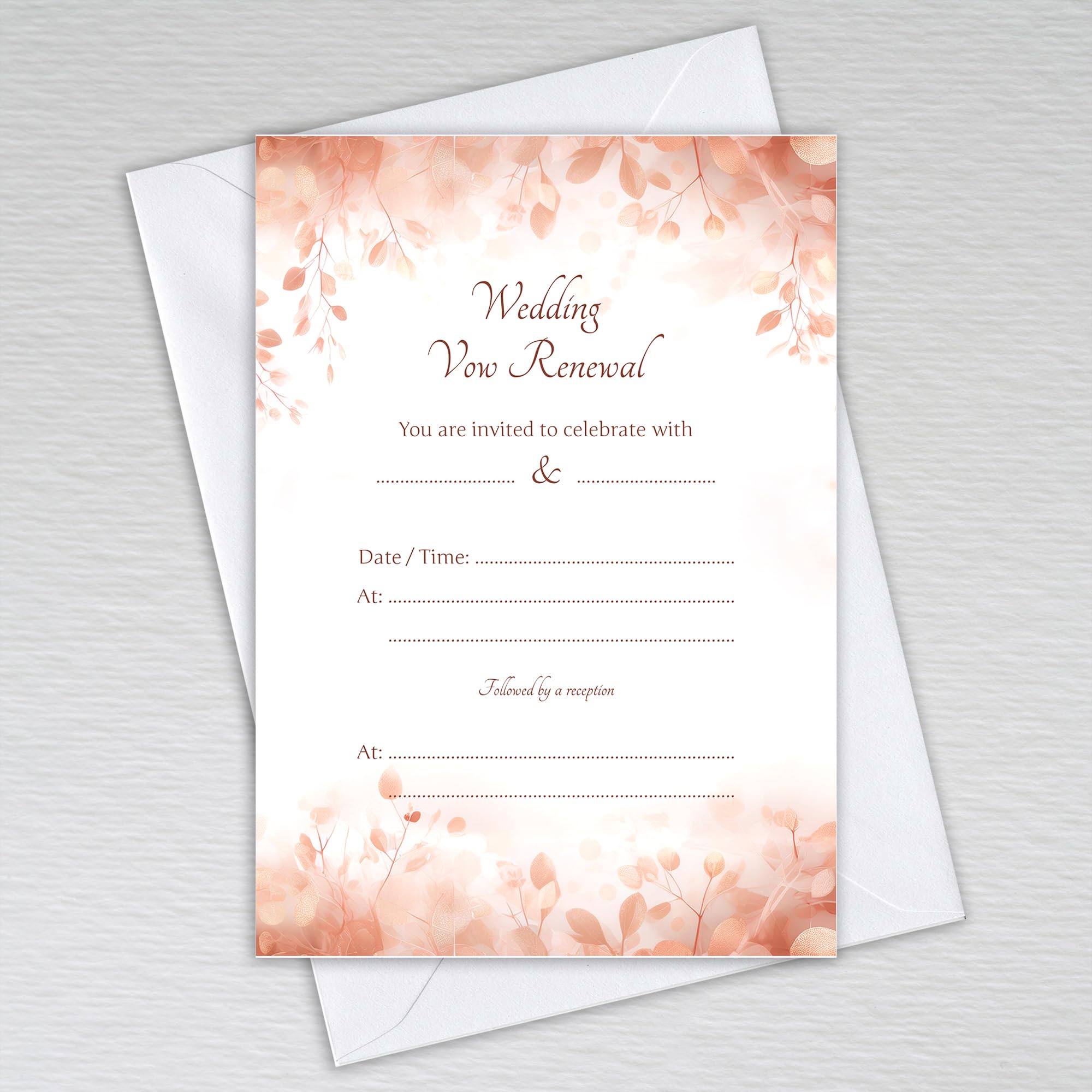Rose Gold Leaf Wedding Vow Renewal Invitations with Envelopes / Elegant Theme Peach and Blush Pink Tones / Renewal of Vows: Rose Gold Leaves Wedding Vow Renewal Invites (Pack of 50 with Envelopes) — image 1