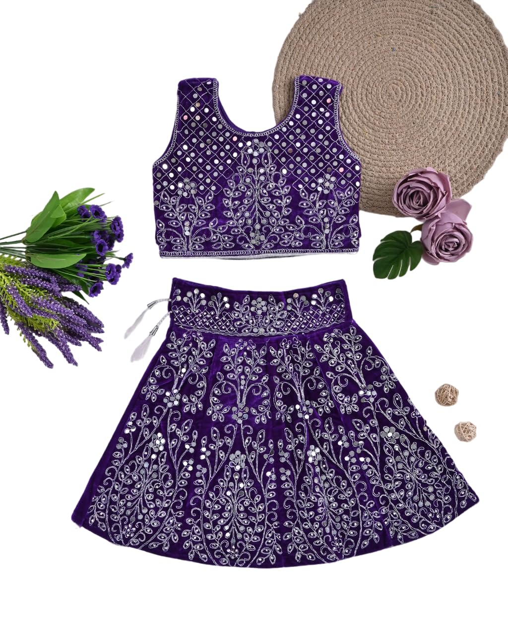 Traditional Lehenga Choli Set, Purple with Silver Embroidery, Sleeveless Crop Top and Flared Skirt-picture-43