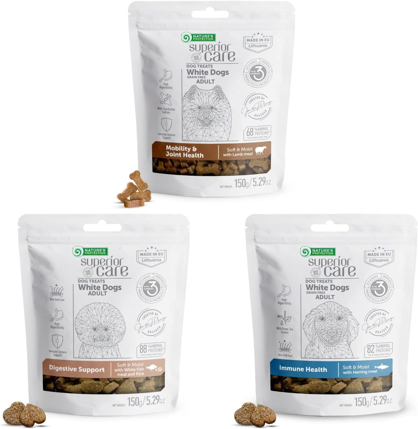 Nature's Protection Superior Care White Dogs Endurance Treats with Insects & Rice, Lamb, Herring, Fish & Rice (5.29 oz Each)