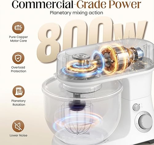 Miniatura 2 de Batidora de pie de 800W con tazón de 5.3QT, 6 velocidades con pulso, batidora eléctrica de cocina, batidora de alimentos con gancho para masa,