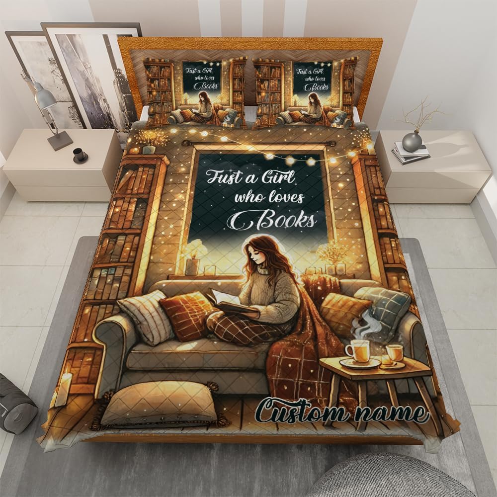 ThuhaTree Store Personalized Girl and Book Quilt Bedding Set – Book Theme for Lovers