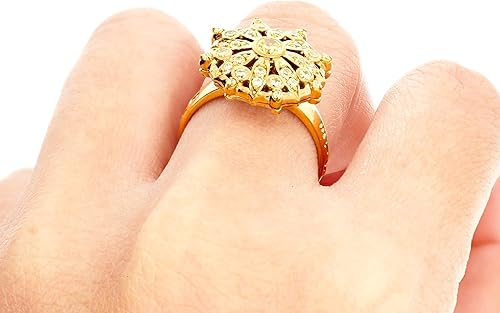 Miniatura 4 de ETHNIQ Anillo de moda chapado en oro de 22 quilates, diseño floral, anillo de compromiso de boda, circonita cúbica, colección de moda para primavera