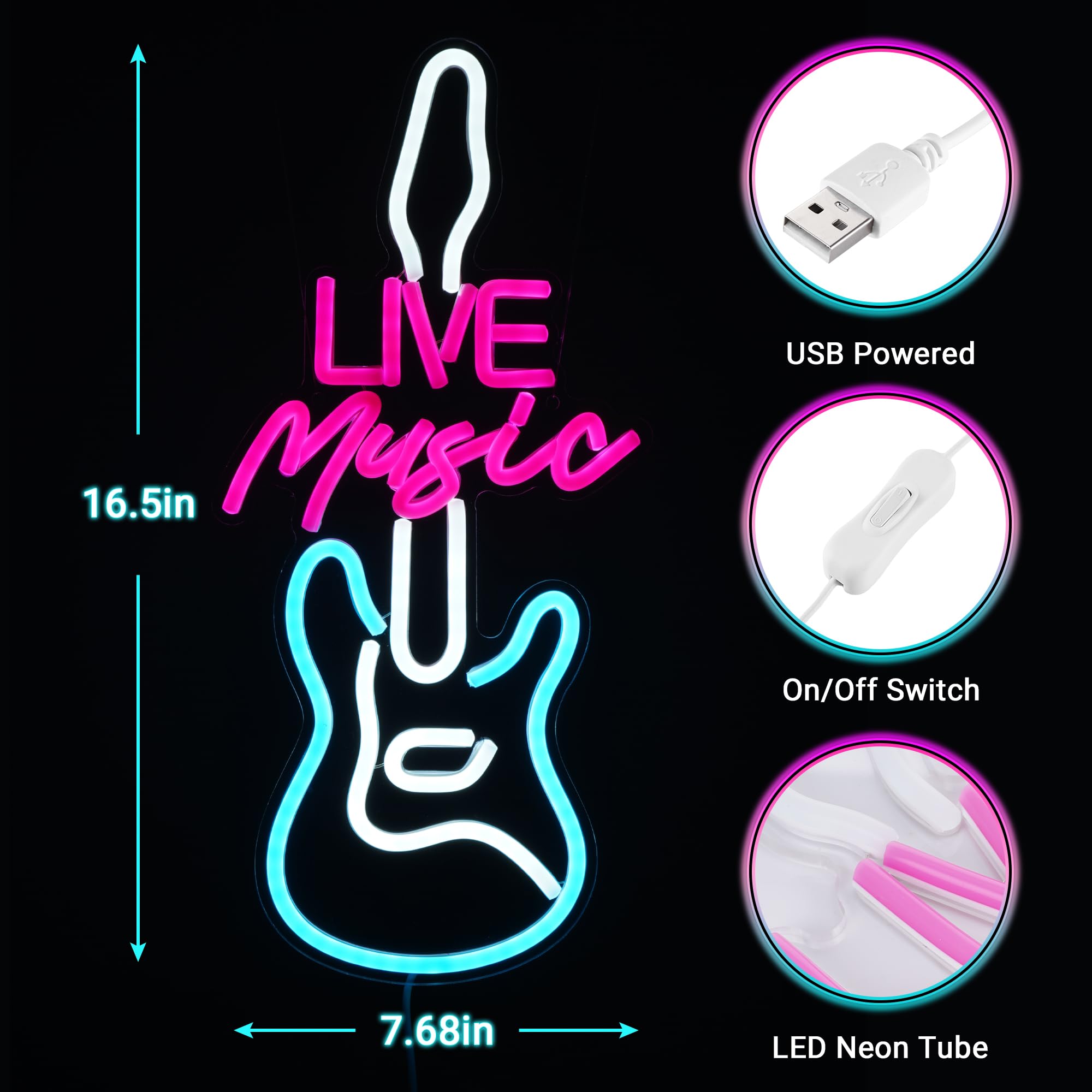 Kavaas Insegna al neon con musica dal vivo per decorazione da parete, a forma di chitarra a LED, per studi musicali, bar, camera da letto, feste, grotta degli uomini, ottimo regalo per gli