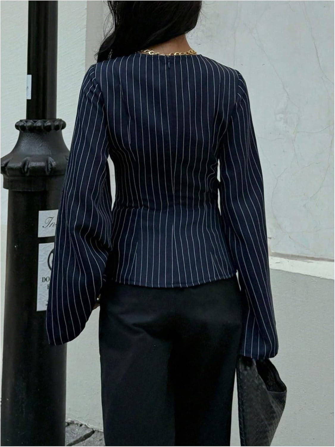 SHENHE Women's Dressy Casual Wrap Blouse Side Tie Bell Long Sleeve Business Striped Shirt Top - Image 3