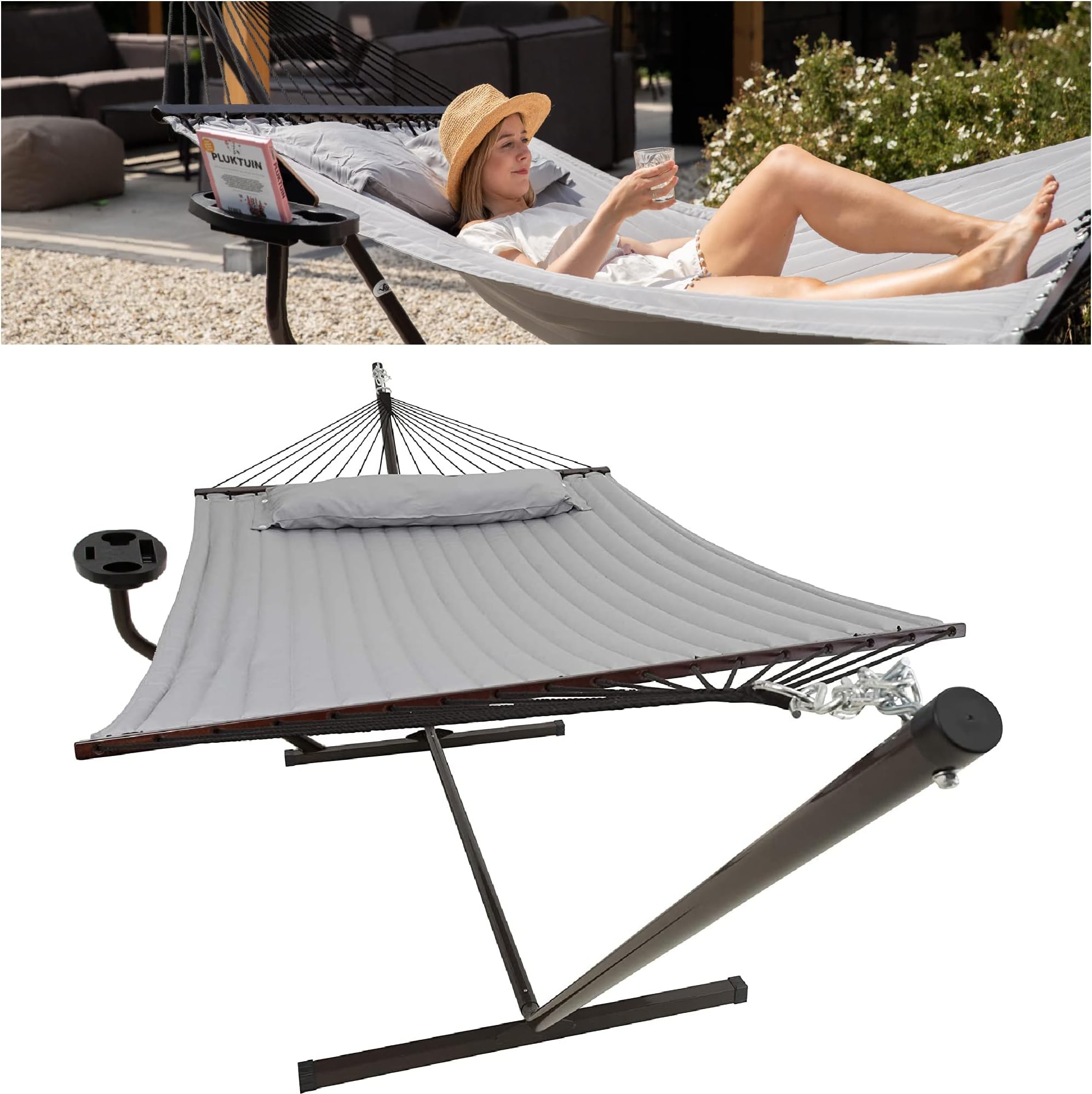 Vita5 Hammock Stand with Sidetable, Garden Hammocks 2 Persons, Side Table & Detachable Pillow, Heavy Duty 200kg Capacity, Indoor and Outdoor Hammock for Patio, Pool or Backyard (Light Grey)