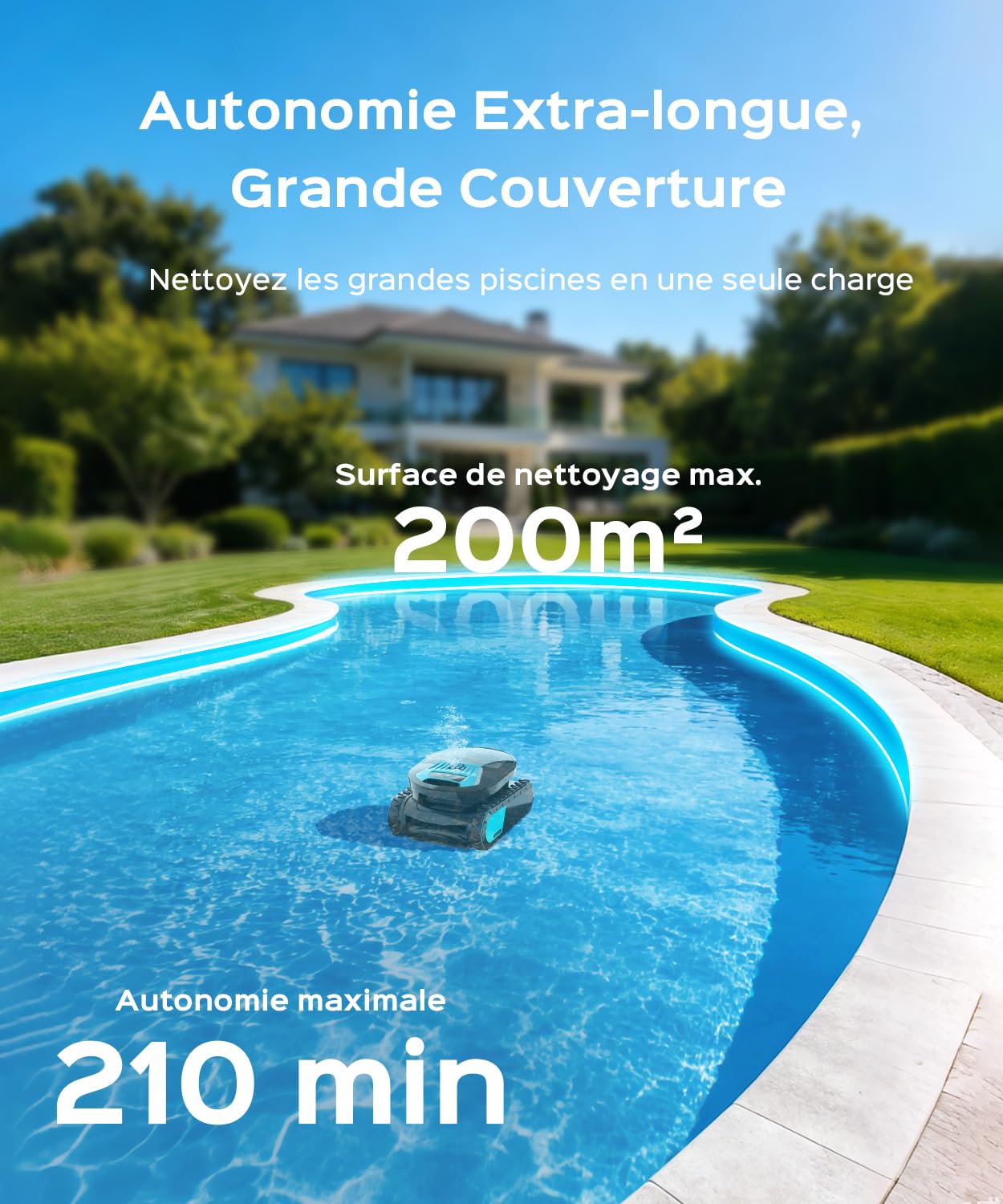 Pleco Pro Robot Piscine sans Fil, Nettoyage Fond, Parois et Ligne d'eau, Autonomie 210 Min, Double Filtre, 7 Modes, Contrôle par Application, Aspirateur Piscine jusqu'à 200 m²,Onyx