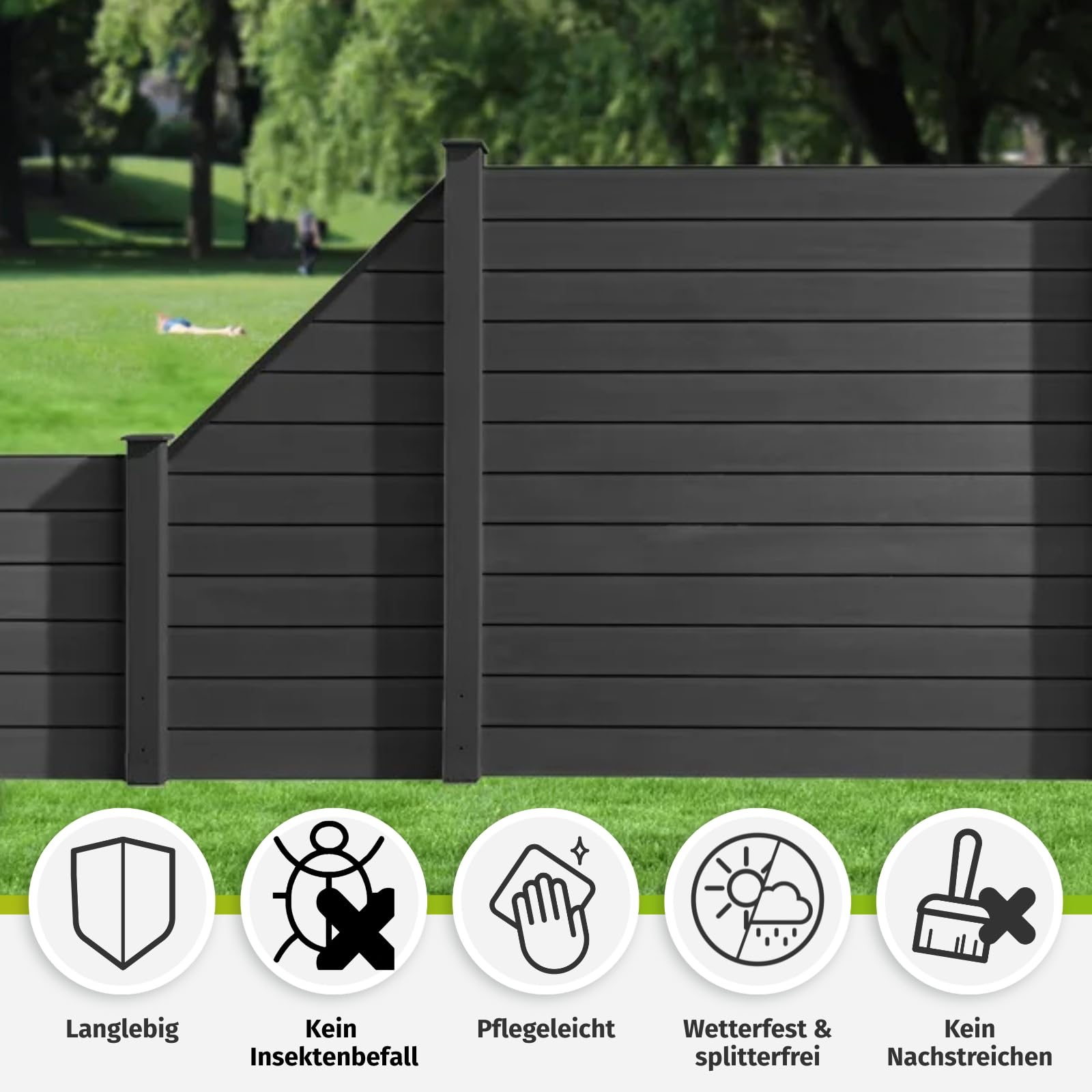 HORI WPC Sichtschutz Komplettset Stecksystem Zaun Garten Gartenzaun Lamellenzaun Windschutz Zaunelemente Komplettbausatz 1x Schräg + 1x kl. Pfosten - zum Einbetonieren - Zaun: Grau - Pfosten: Grau