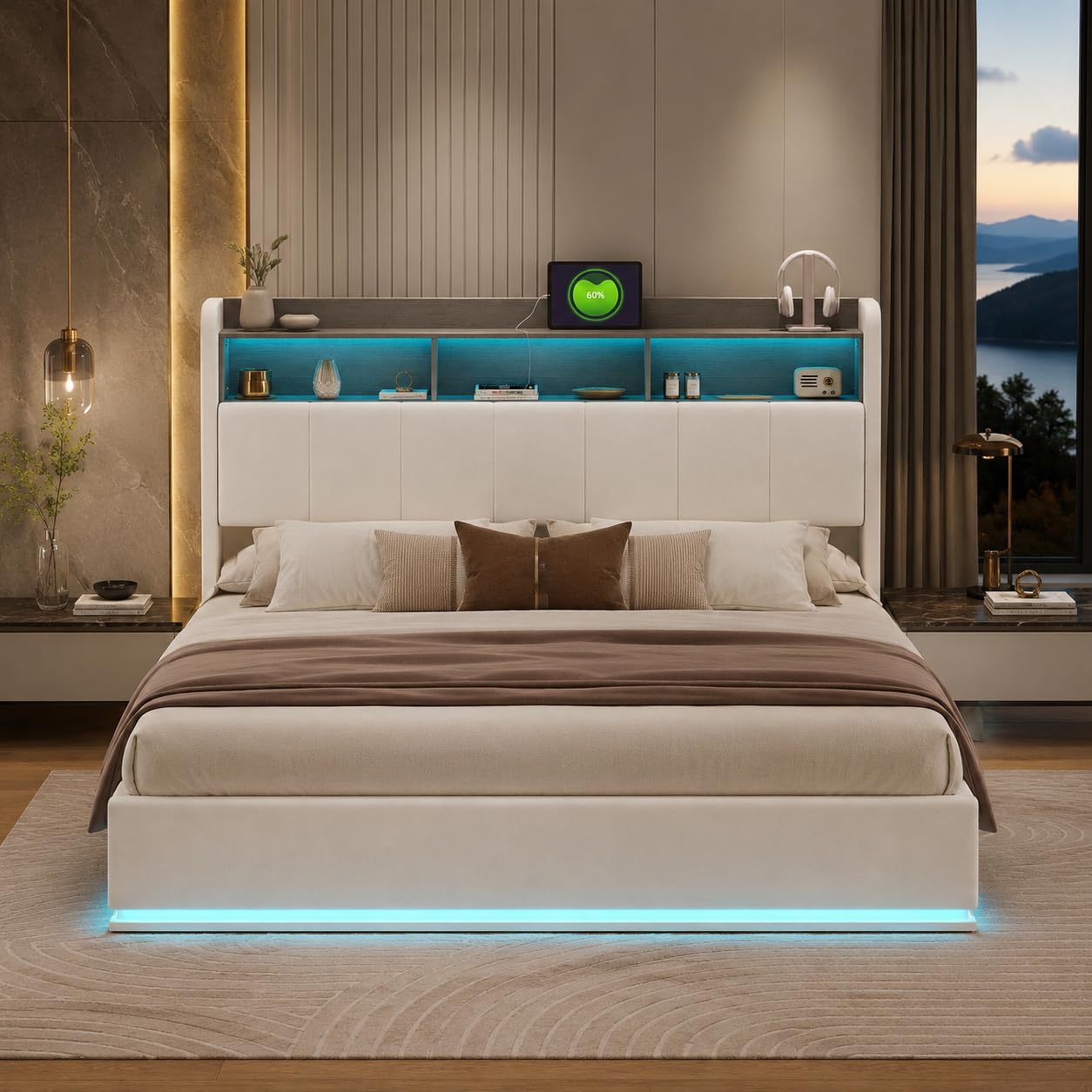 KeepGoon Letto matrimoniale contenitore 160x200 cm, letto imbottito in velluto bianco con rete a doghe, sollevamento idraulico, testiera con vani, LED e USB
