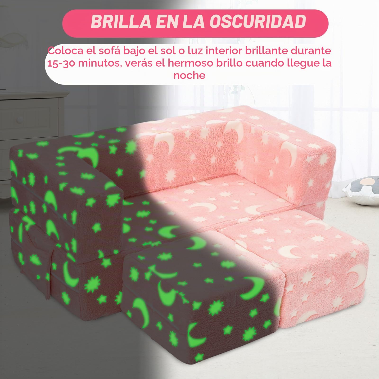 Sillón Bebe, Plegable Sofa Infantil, Sillón Infantil 2 en 1, Sofá Cama Convertible Tumbona, Silla Ancha Suave Funda Extraíble, Rosa Estampado Estrellas, Brilla Oscuridad, Regalo Día Niño Cumpleaños