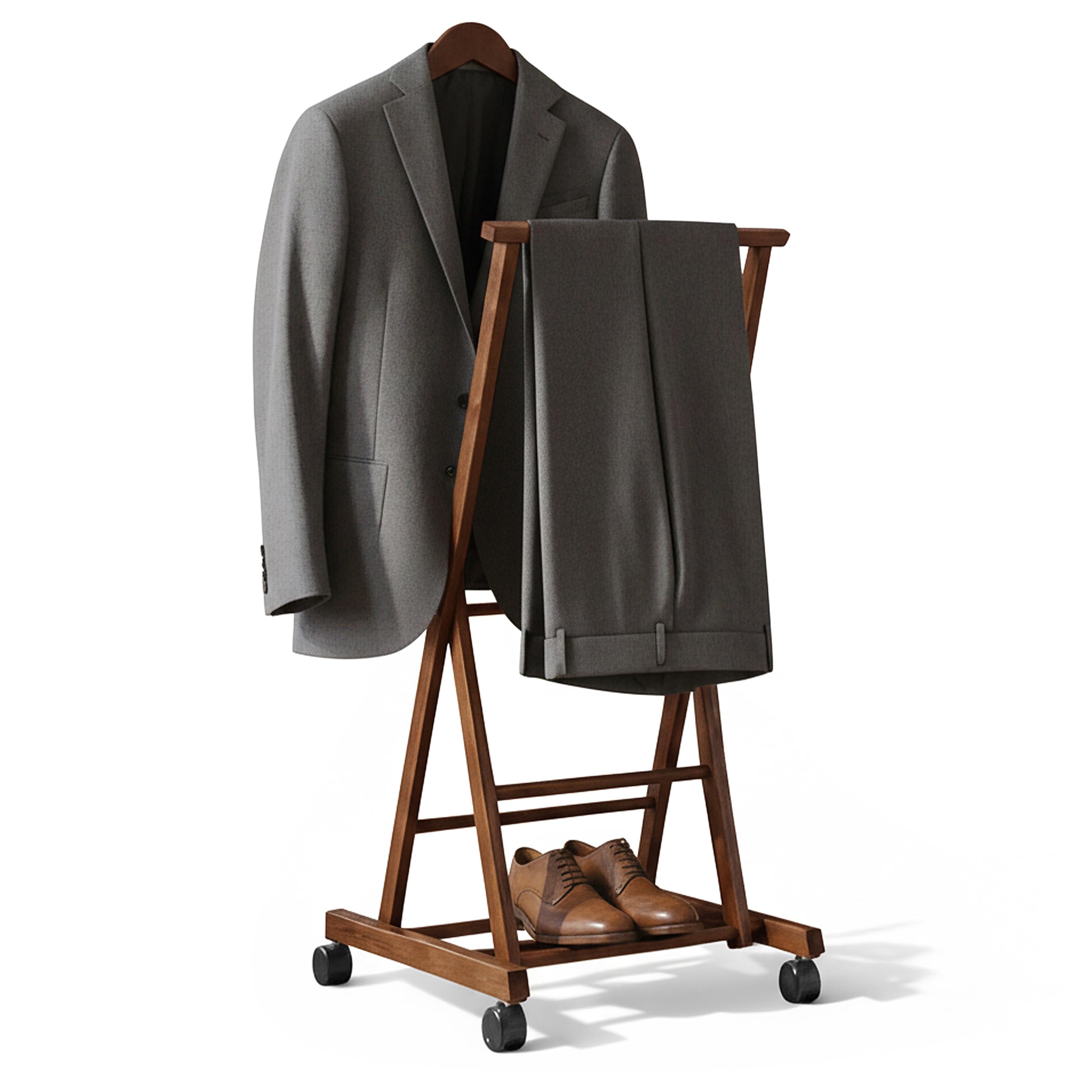 konsimo klappbarer Herrendiener - Kleiderständer aus Massivholz, für Jacken, Hosen, Gürtel und Krawatten, ideal für Schlafzimmer und Ankleideraum (Braun, Rollständer 44,5x103x40
