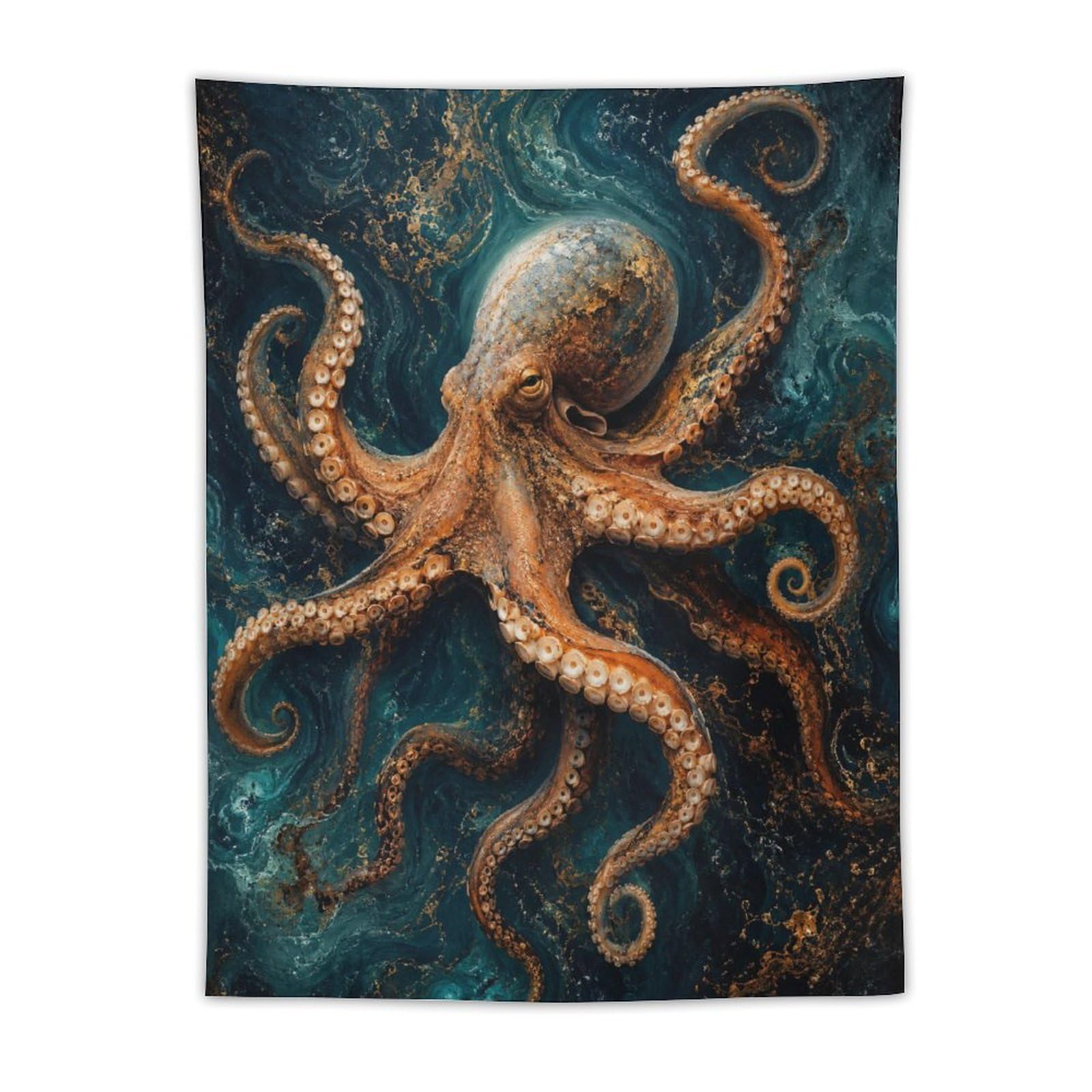 H3B8U2Y5 Textured Ocean Octopus Wall Tapestry, Nautical Fantasy