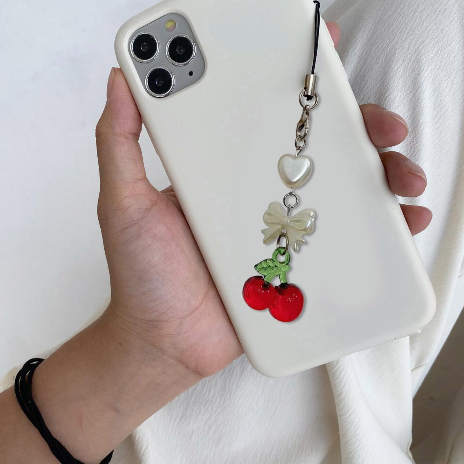 Breloque de téléphone en forme de cerise fabriquée à la main, pendentif fruit, chaîne et sangle pour sac à dos