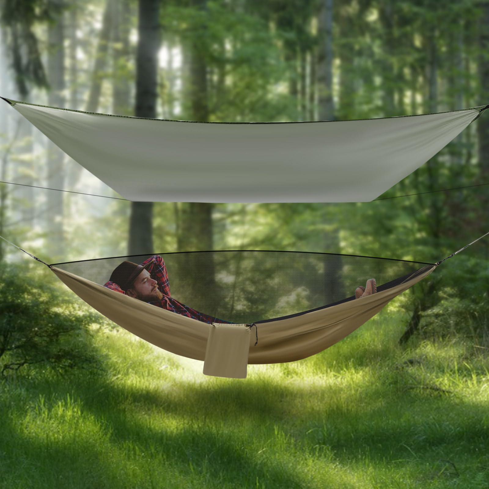 Amaca da campeggio, portata fino a 200 kg, con zanzariera, tenda e pioggia, per esterni, escursioni, 290 x 140 cm (verde militare)