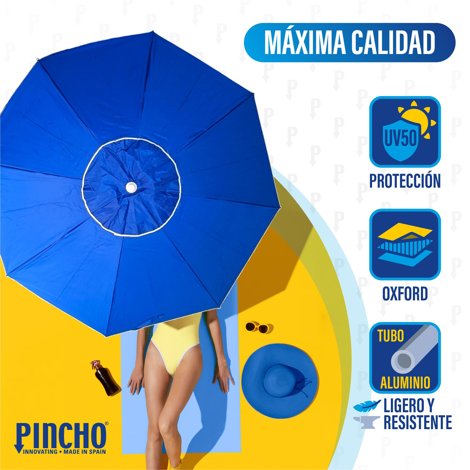 Pincho Sombrilla Playa Grande 200 cm, Antiviento con Protección UV50+, Tubo de Aluminio y 8 Varillas de Fibra de Vidrio, Reclinable con Ventana Superior, Incluye Punta de Aluminio.