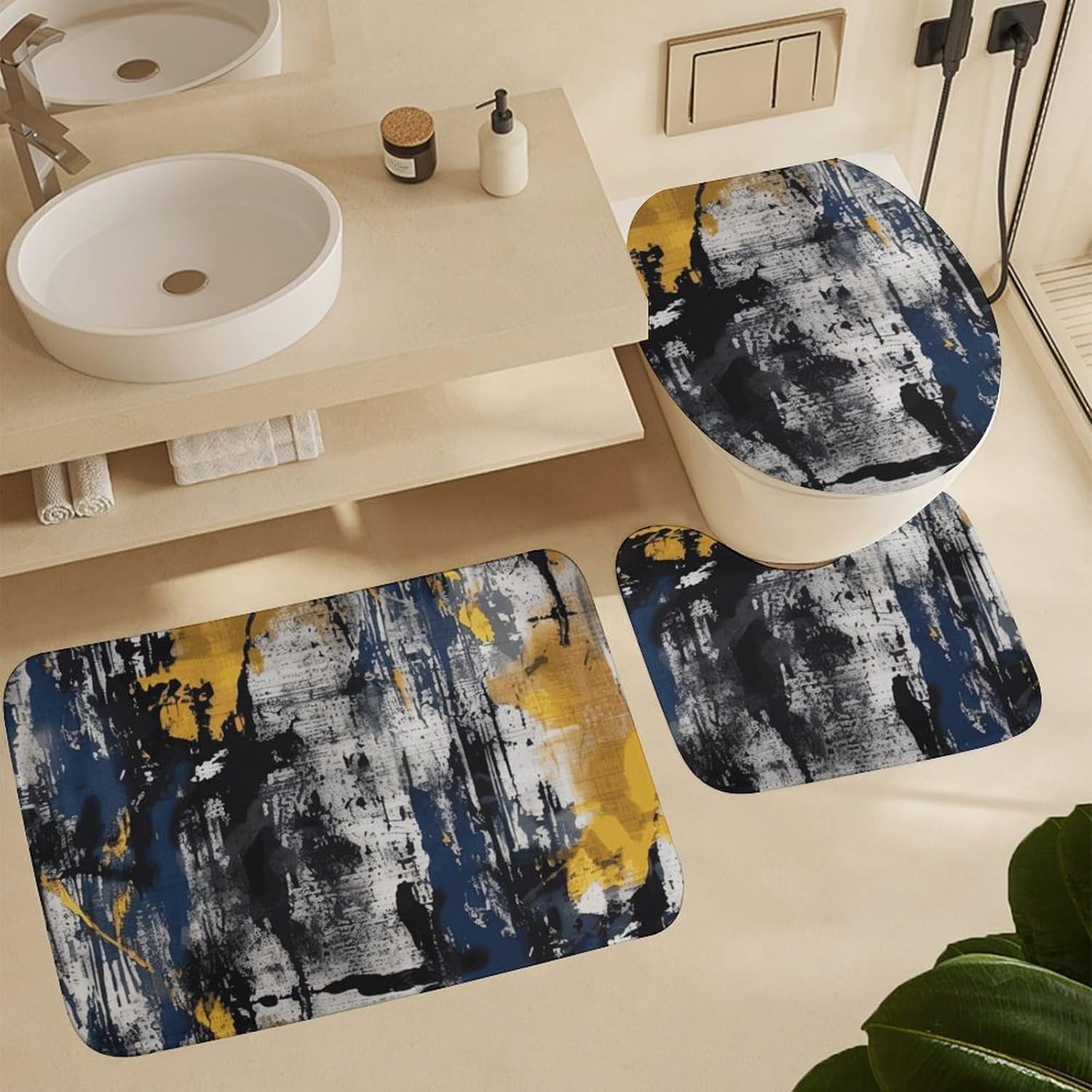 Navy Blue Color Shower Curtain Set 4 Piece, Non-Slip Bath Mat with Toilet Lid Cover and Waterproof Shower Curtain with 12 Hooks, Complete Bathroom Set for Home Decor